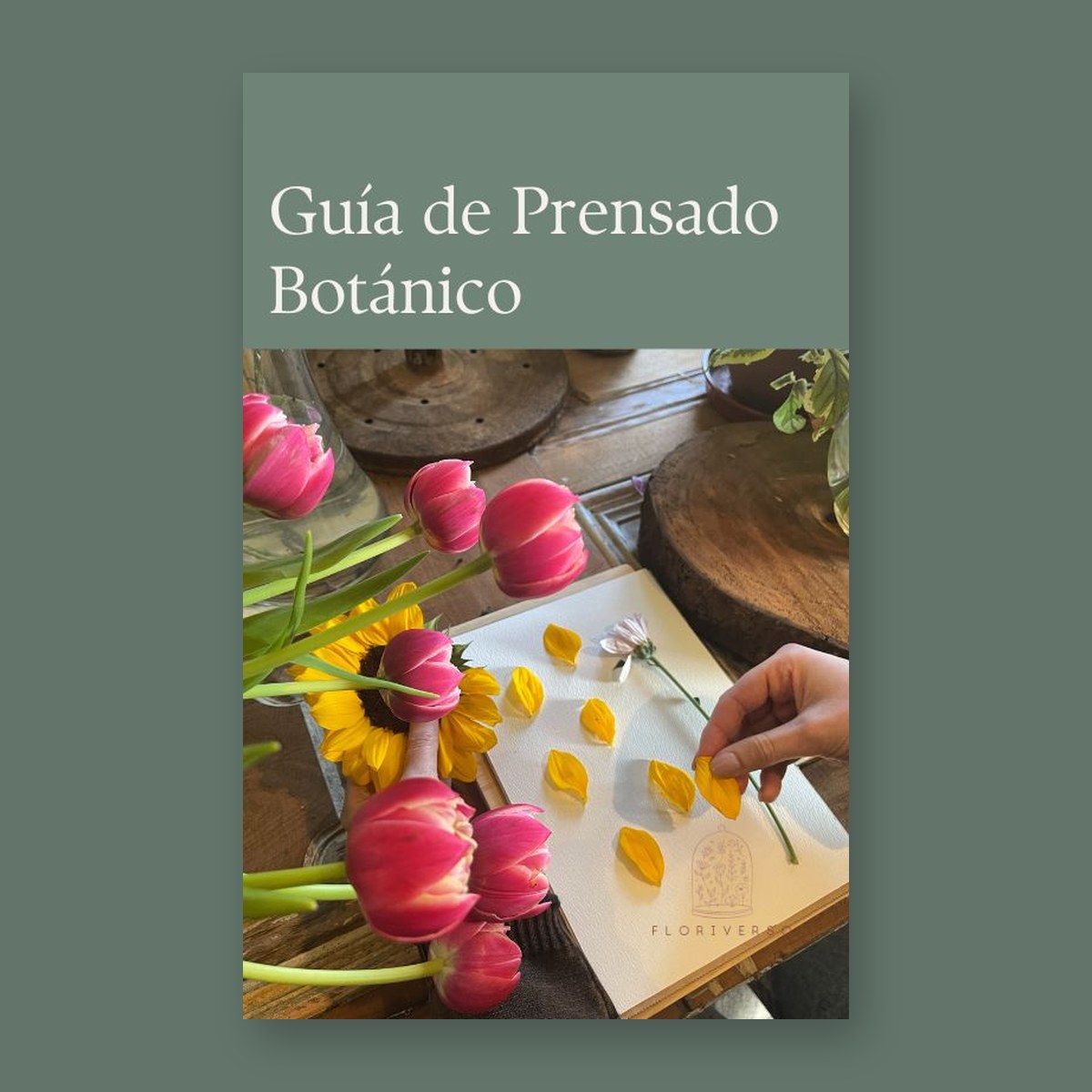 Guía digital de Prensado Botánico de Floriverso en una tablet junto a flores